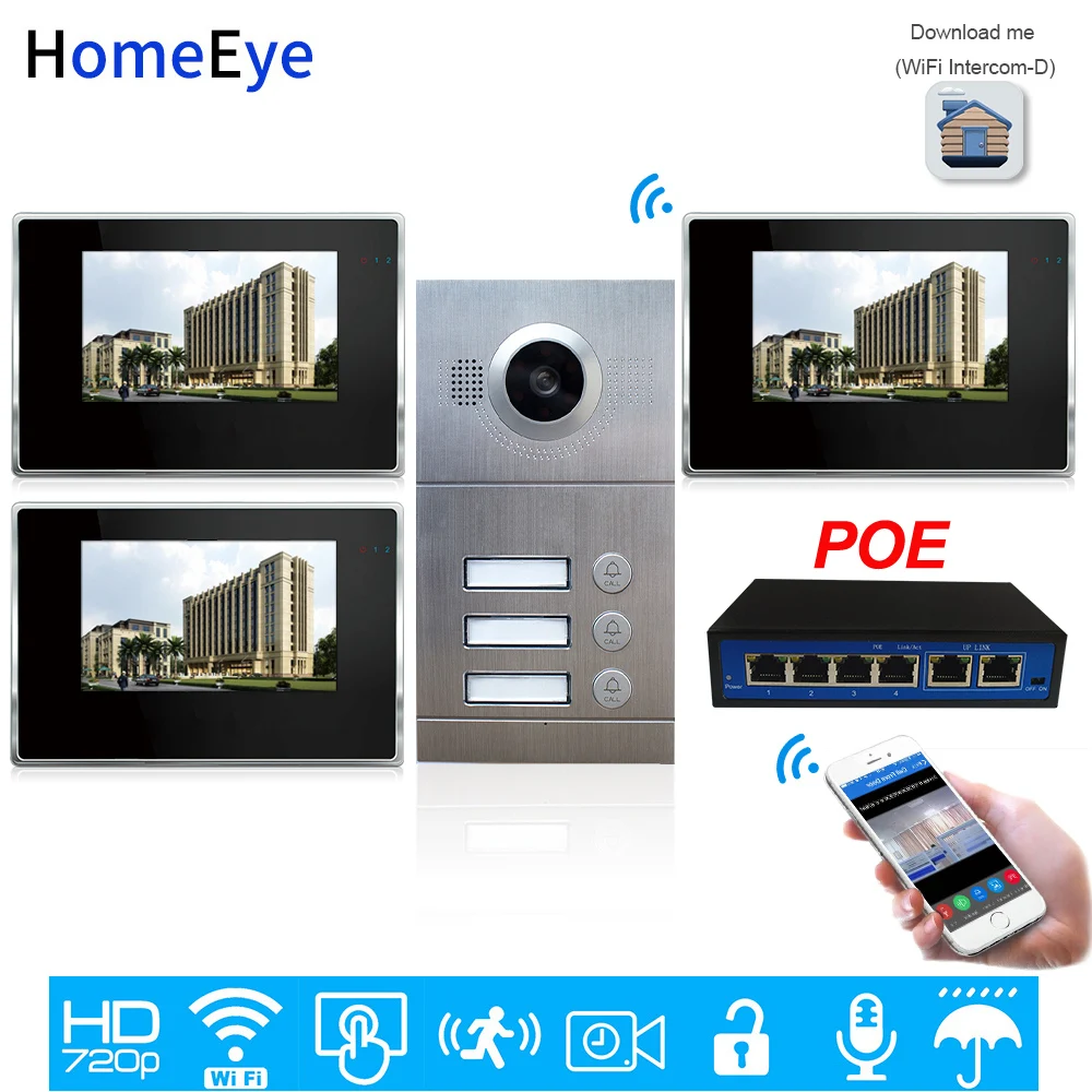 3-Family Door Access Control System 720P 7'' WiFi IP Video Door Phone Video Intercom iOS/Android Mobile APP Remote Unlock Alarm