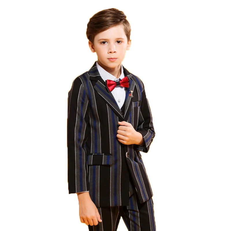 Formal Children's Striped Suit Sets 3PCS Flower Boys Wedding Party Performance Slim Dress  Costume Kids Blazer Vest Pants Shirts