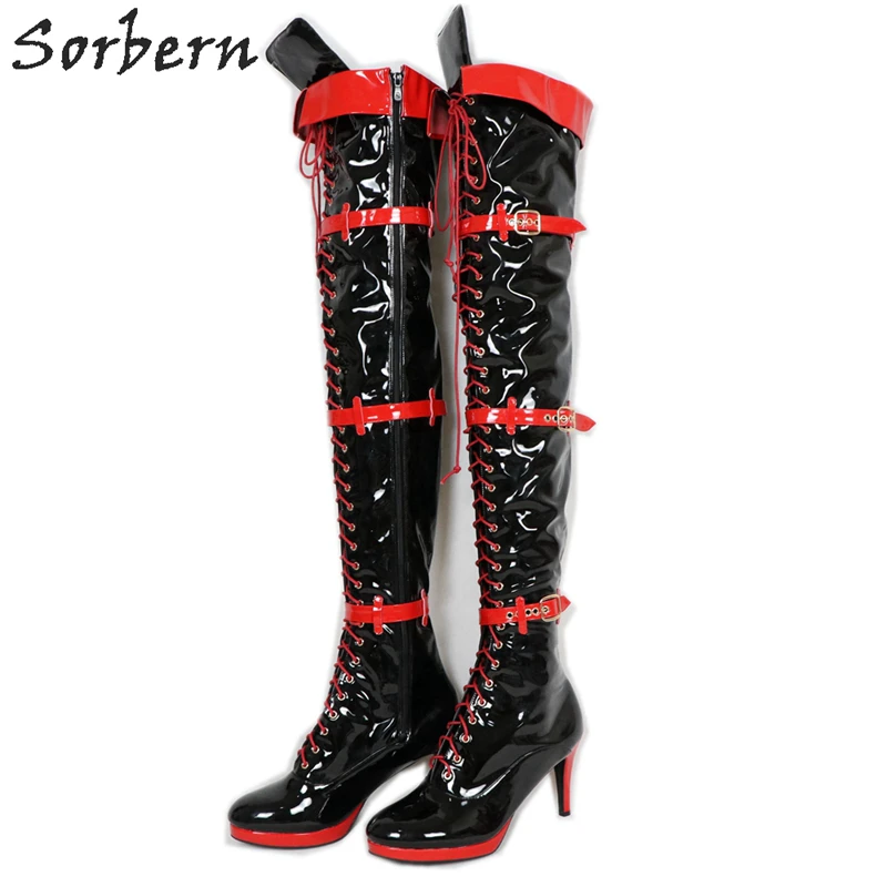 

Sorbern Unisex Thigh High Boots Platform Shoes Crossdresser Black Red Platforms Lace Up Boots Custom Boots For Thick Legs