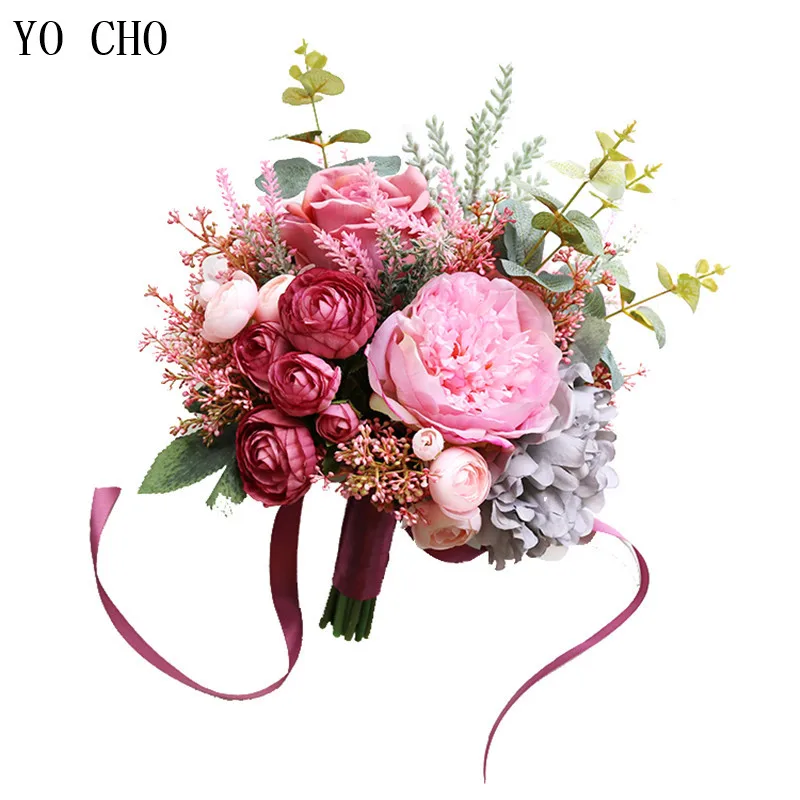 Yo cho moda noiva mão flores bonito peônia bouquets casamento artificial rosa flores de seda diy bouquet branco peônia rosa vermelha