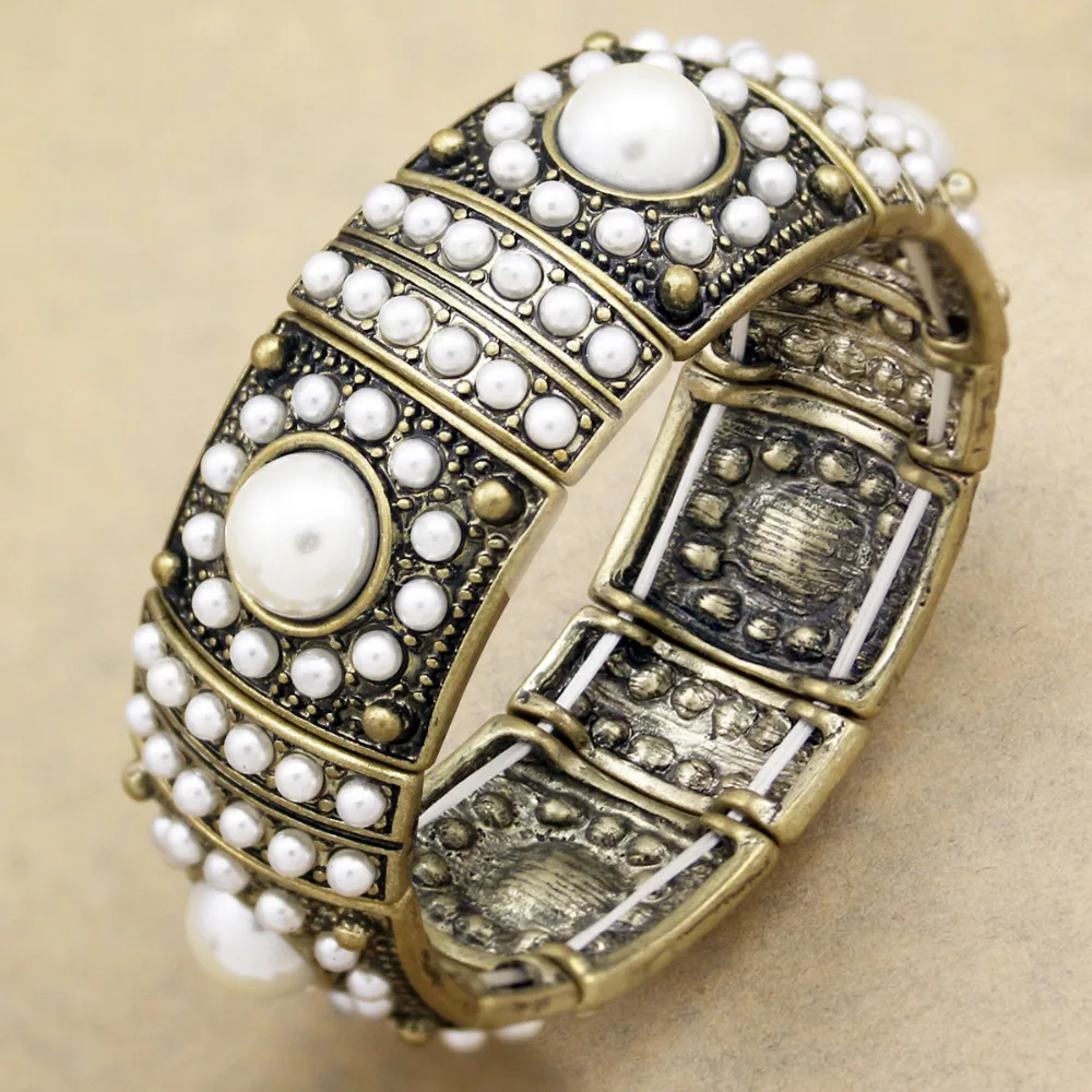 خمر الذهب اللون قبة اللؤلؤ 1920s سوار فني للمرأة رجل الموضة مطاطا الإسورة للجنسين مجوهرات البوهيمي اكسسوارات #4