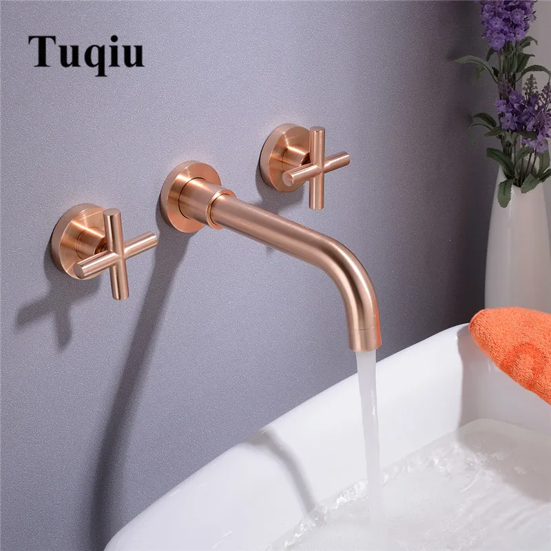 Basin Faucet Wall Mounted Golden Matte/Rose Gold Dual Handle In-Wall Bathroom Sink Faucet 3 Holes Hot & Cold mixer Tap Torneira