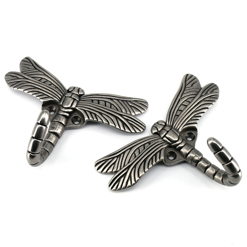 2PCS Antique Silver Coat hooks wall mounted Dragonfly hook key hanger decorative robe hooks