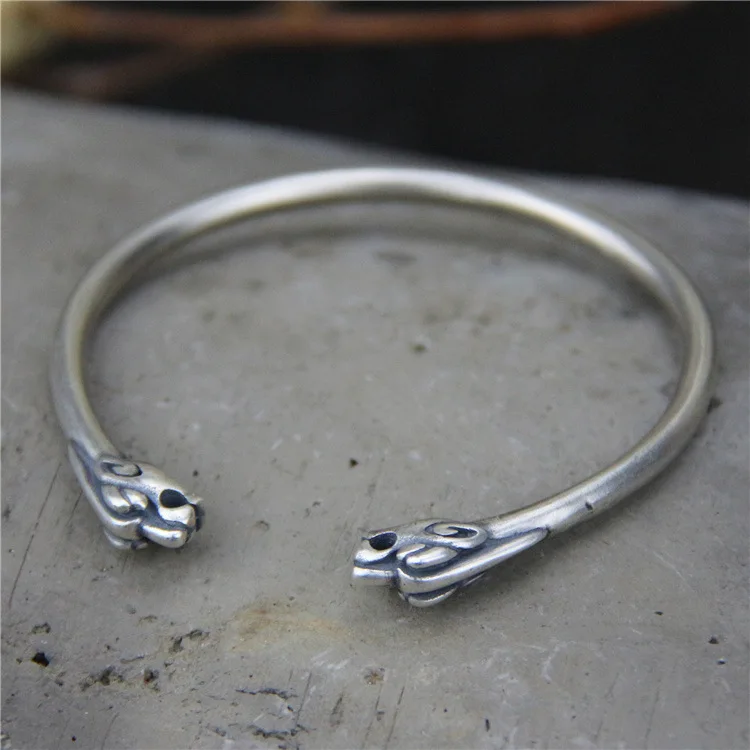 

S925 Sterling Silver Double Tap Open Ended Solid Bangle Men And Women Retro Thai Silver Vintage Style Bangle