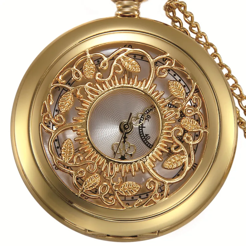 Lancardo Roman Numerals Gold Pocket Watch Hollow Leaf Tree Pocket Watches Unisex Luxury Brand Necklace Pendant Watch With Chain