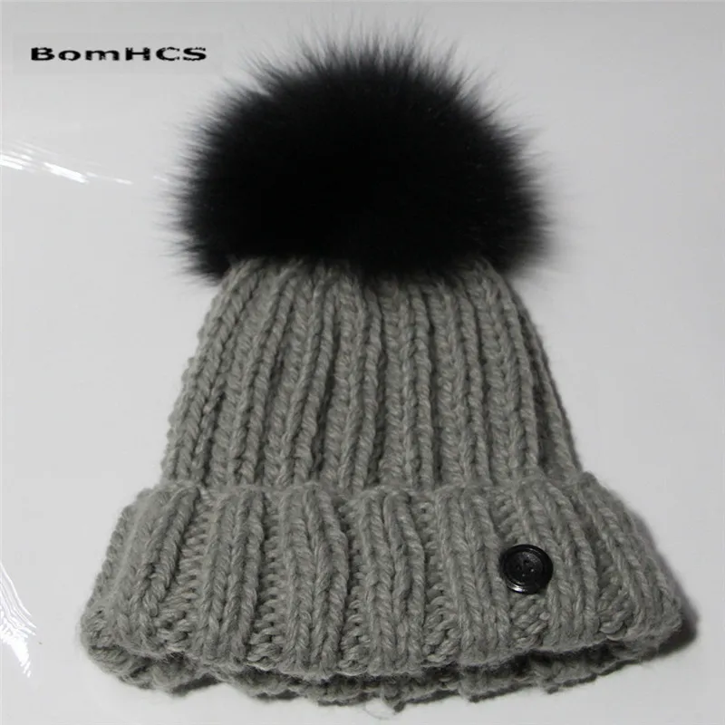 

BomHCS 100% Big Fox Fur Pompom Beanie 100% Handmade Knitted Hat Winter Women's Warm Cap