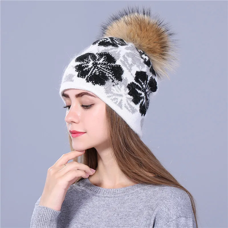 [Xthree]real Raccoon fur pom poms knitted beanie winter hat for women and girl hat thick female Rabbit fur wool cap