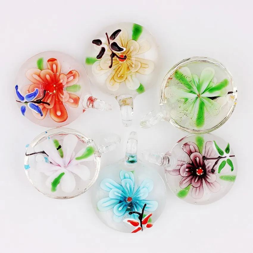 Qianbei Wholesale 6pcs Handmade Murano Lampwork Glass Mix Color Round Insect Flower Pendant Fit Necklace Jewelry G