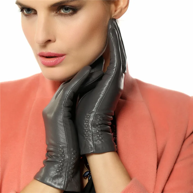 Women Gloves Thermal Soft Lined Winter Genuine Leather Glove Wrist Solid Fashion Dressing Lambskin Free Shipping L013NC