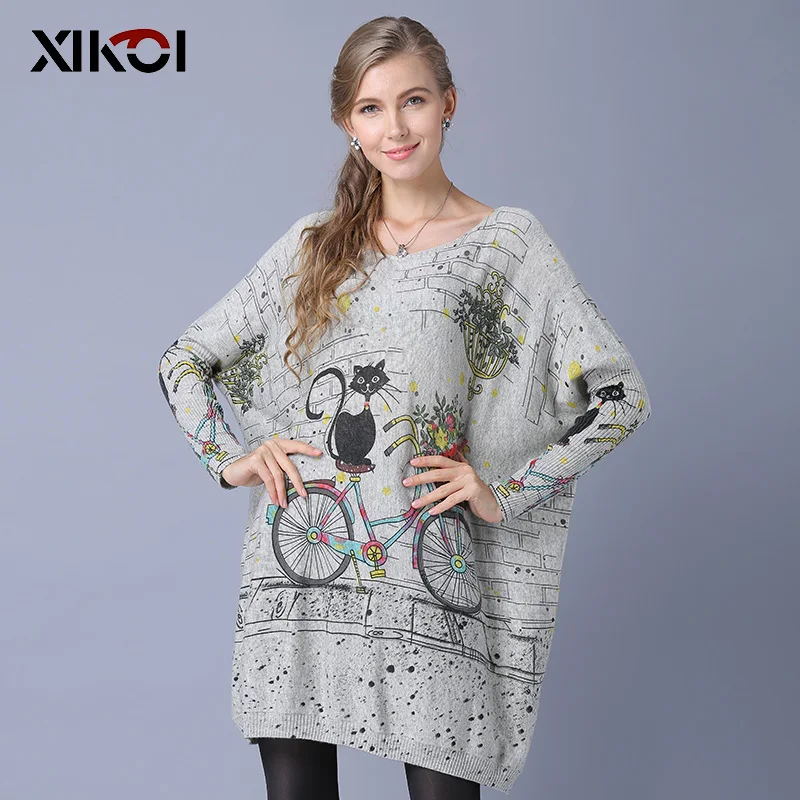 XIKOI Woman Oversize Sweater Winter Long  Cat Bicycle Print Casual Coat Batwing Sleeve Bicycle Cat Print Pullovers Clothing