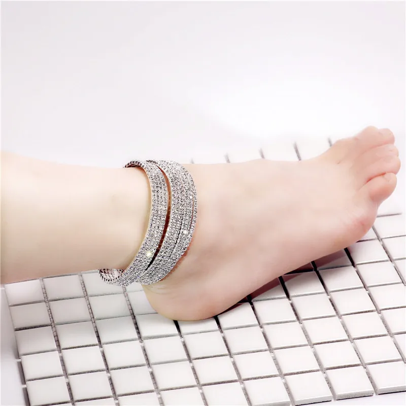 Silver Color Full Rhinestone Elastic Anklets for Women
