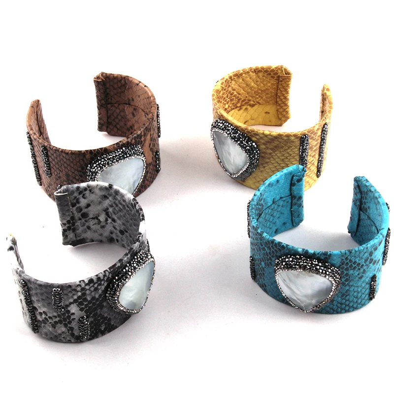 Fashion 42mm Handmade Paved Shell Wide Leather Cuff Bracelets & Bangles For Women