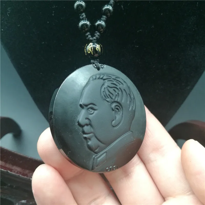 Beautiful Chinese Handwork Natural Black Obsidian Carved Chairman Mao Lucky Amulet Pendant + Beads Necklace Fashion Jewelry