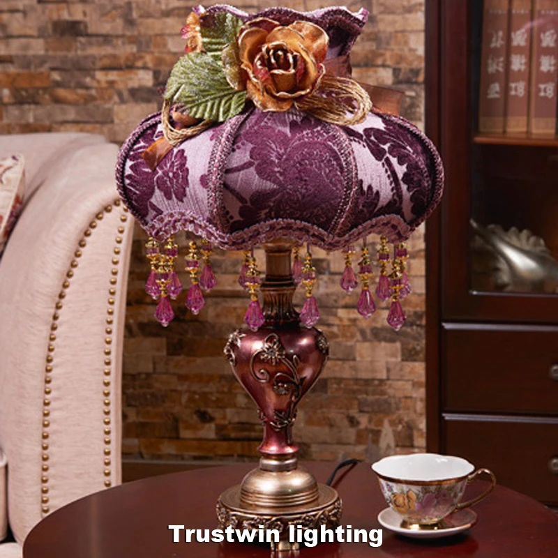 คริสตัลคลาสสิกตารางโคมไฟผ้า VINTAGE Retro สไตล์ยุโรปห้องนอนตารางโคมไฟสำหรับข้างเตียงห้องนั่งเล่น