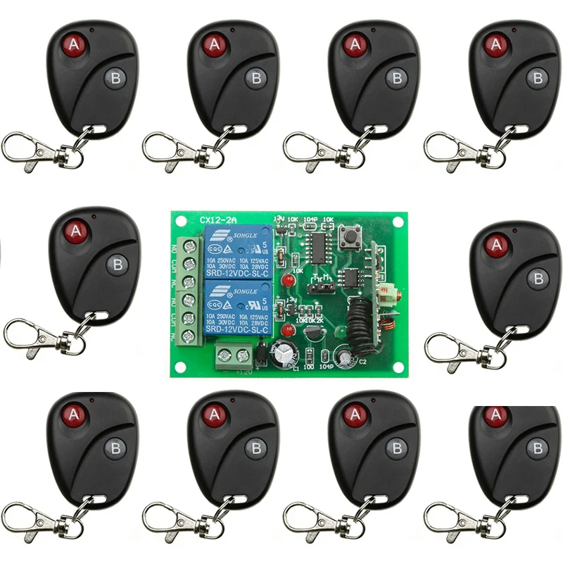 

DC 12V 24V 10A 2 CH 2CH RF Wireless Remote Control Switch System Black Transmitter + Receiver Learning code 315/433MHZ