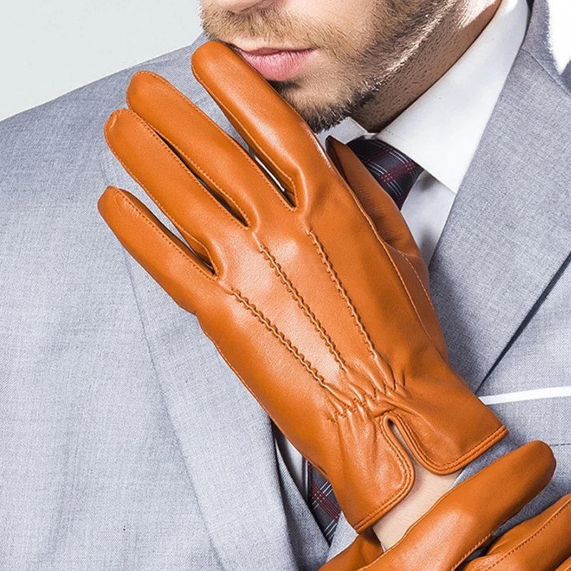 

Man Genuine Leather Short Gloves Male Spring/Winter Embossed Stripe Touched Screen Gloves Warm Driving Mittens Free Shipping