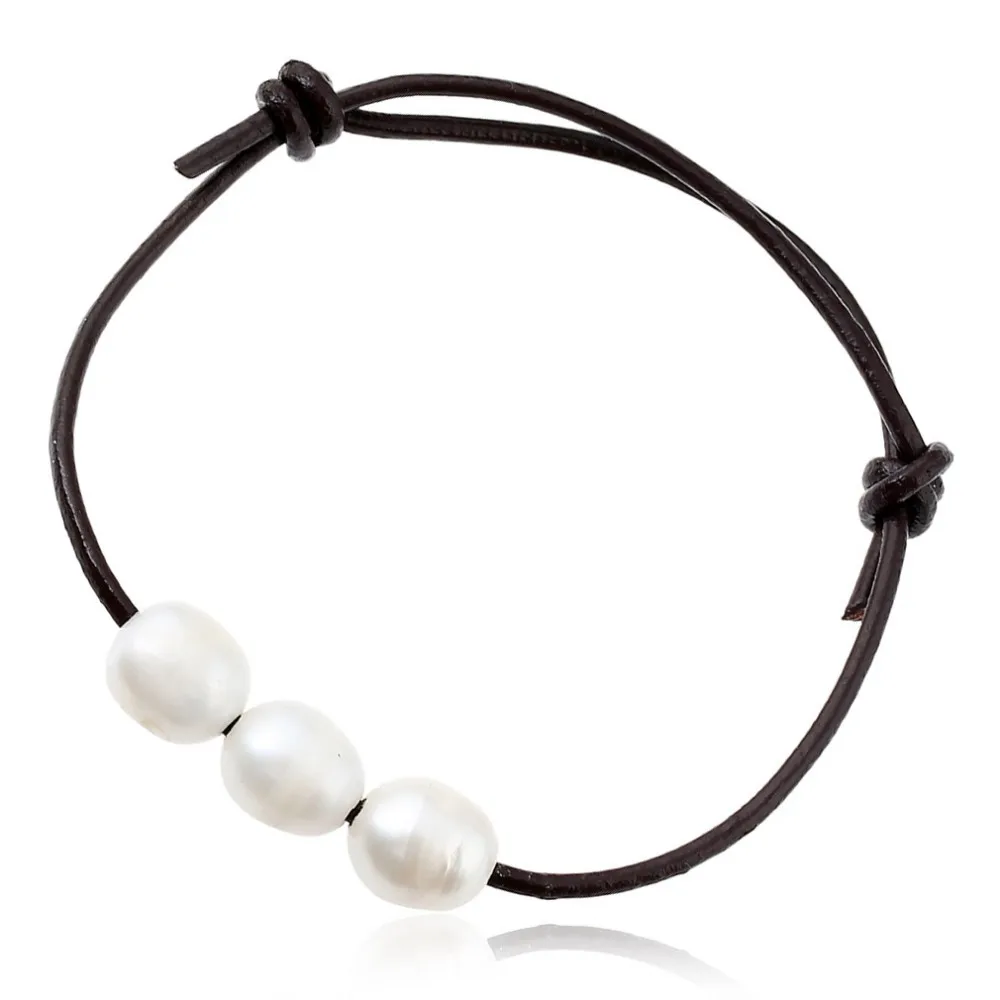 9-10mm Freshwater Natural Pearl Bracelet For Woman Genuine Leather Bracelet Brown Adjustable Rope Chain