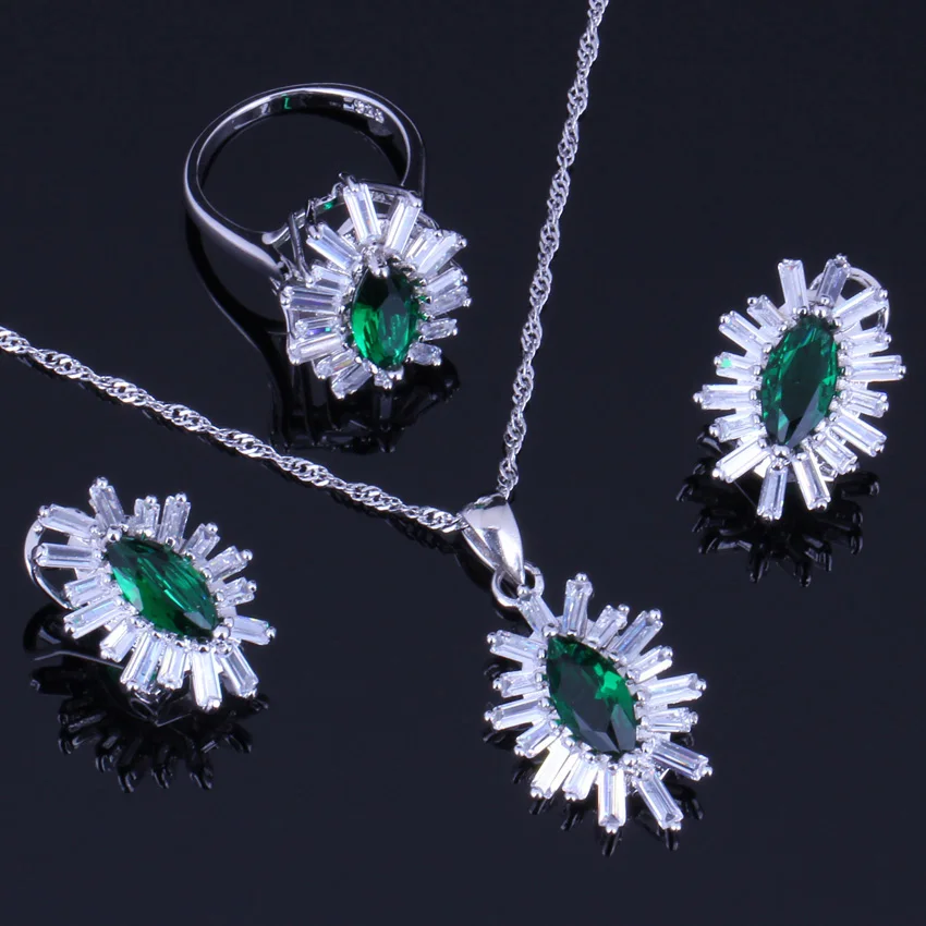 

Glittering Green Cubic Zirconia White CZ Silver Plated Jewelry Sets Earrings Pendant Chain Ring V0243