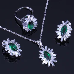 Glittering Green Cubic Zirconia White CZ Silver Plated Jewelry Sets Earrings Pendant Nacklace Chain Ring V0243
