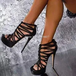 Black Leather Strappy Platform Sandals Rome Style Sexy Cross-tie Lady Sandals Fashion Thin Heels Stiletto Pumps Party Shoes