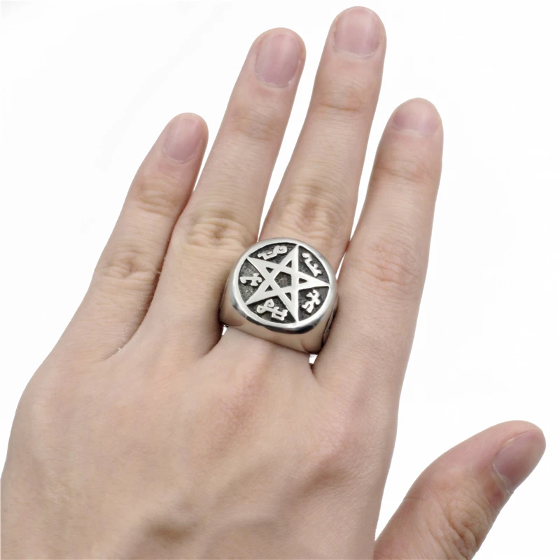 Mens Boys Pentacle Pentagram Rune Star Magic Casting 316L Stainless Steel Wiccan Ring Fashion Jewelry