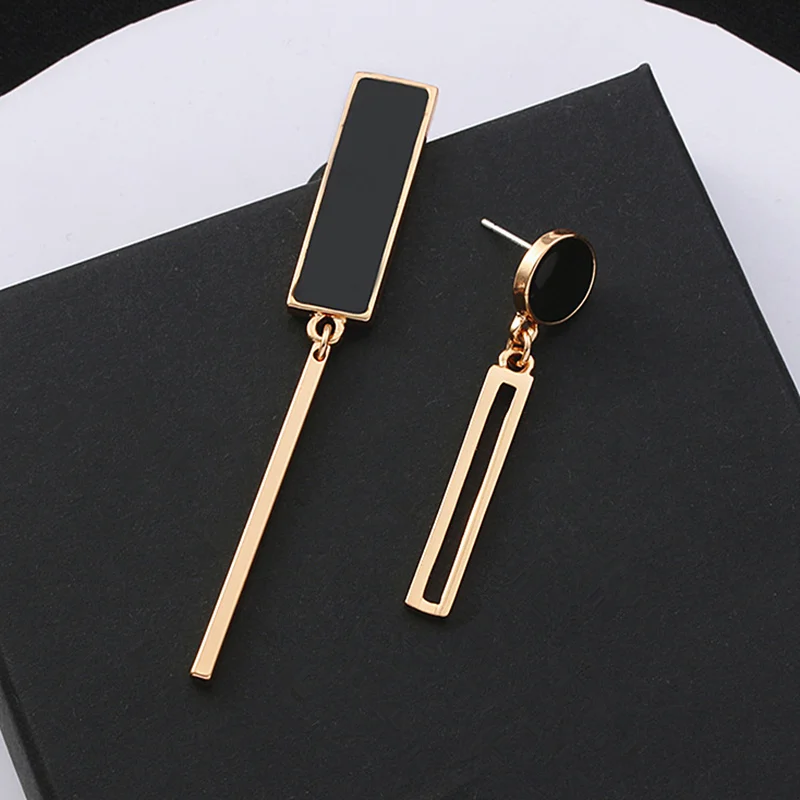 Hot Women's Fashion Earrings Long Statement Asymmetry Round Geometric Rectangle Black Crystal Earrings Women Jewelry Gifts