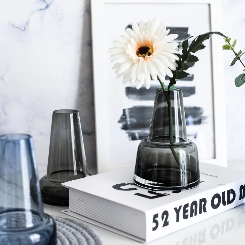 مزهرية زجاجية أوروبية للديكور المنزلي، حاويات زجاجية تررم، مزهريات زهور صغيرة، زجاجة زفاف، منارة، رمادي، أزرق