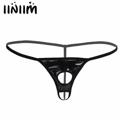 Mens Lingerie Patent Leather Panties String Bikini Thong Underwear Underpants with Penis Holes Sexy Gay Male Open Butt Underwear