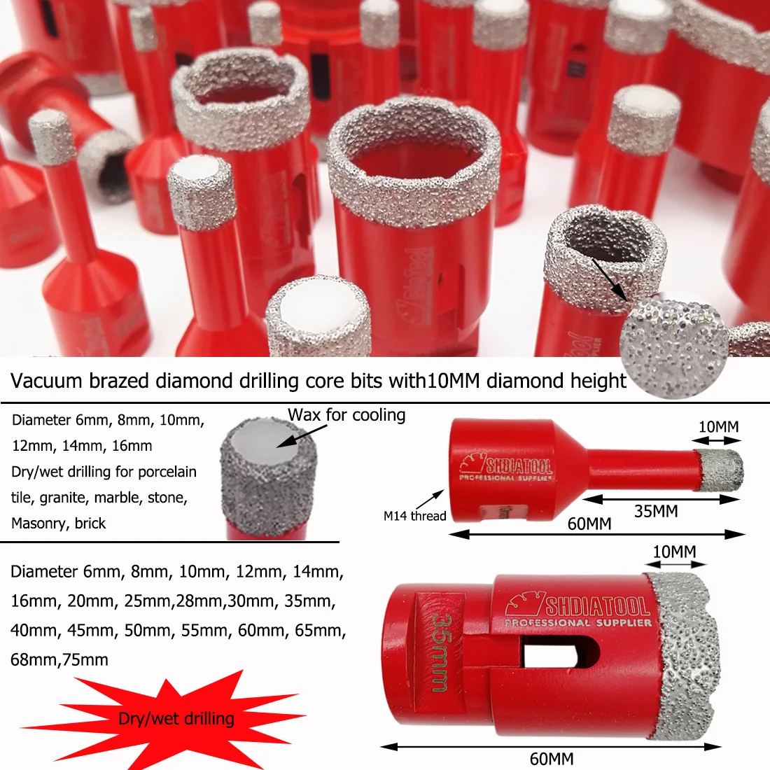 SHDIATOOL 19pcs/set Vacuum Brazed Diamond Drilling Core Bits M14 Connection Diamond Cutter Hole Saw for Tile Porcelain Ceramic