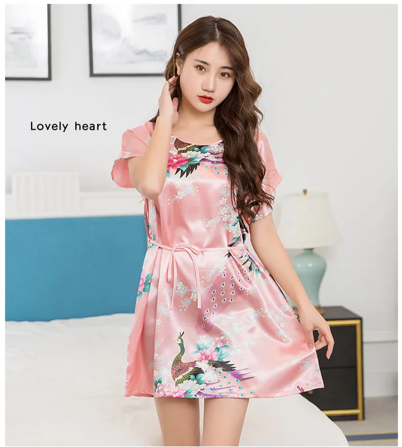 Summer New Women Nightgown Print Peacock Sleepwear Casual Night Dress Satin Sleep Shirt Sexy Nightshirt Female Sexy Home Dress