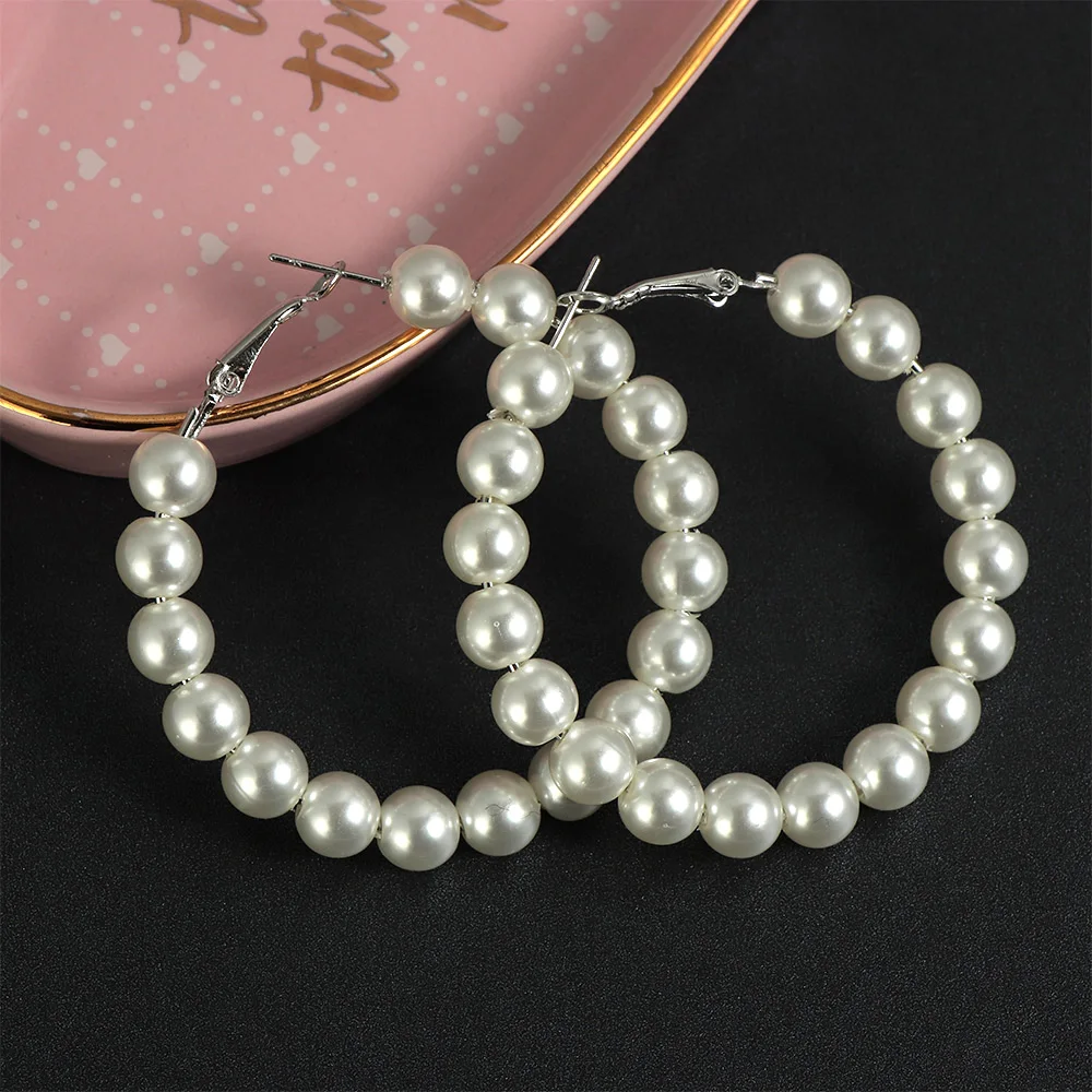 1 Pair Elegant White Pearls Round Hoop Earrings Women Oversize Pearl Circle Fashion Jewelry 30 mm/40 mm/ 60 mm,Circle Diameter