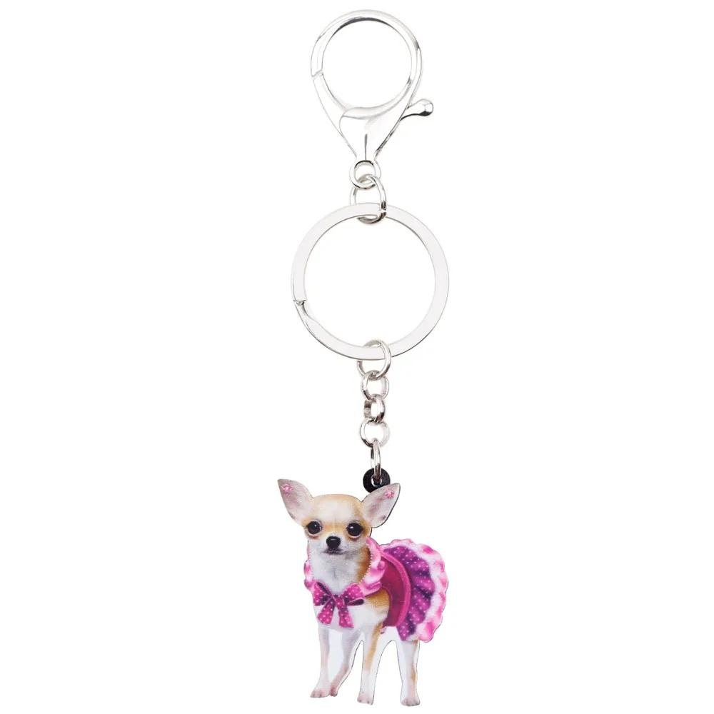 Bonsny Acrylic Cute Pink Dress Chihuahua Dog Key Chains Keychain Rings Animal Jewelry For Women Girl Ladies Handbag Car Charms