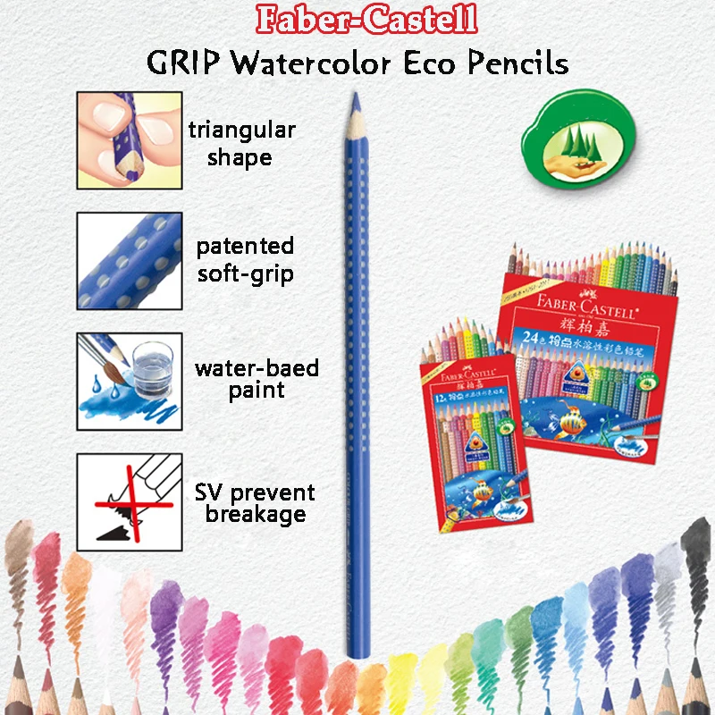 Faber Castell Colour Grip + Brush Watercolour Pencils Eco Pencil Triangular Aquarelle Kids Pens 3mm Water Soluble Color