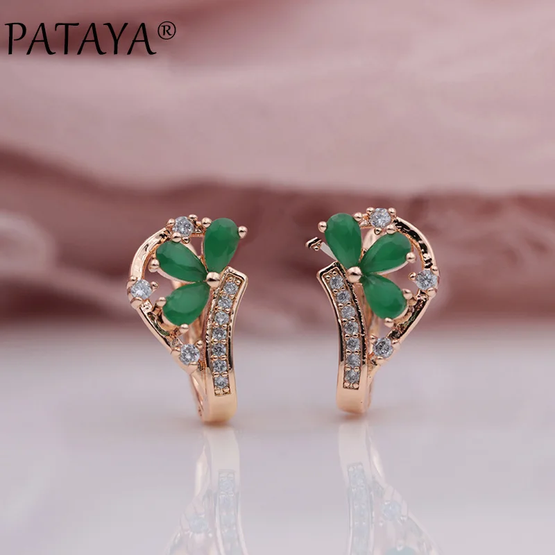 PATAYA New Micro Wax Inlay Red Green Water Drop Natural Zircon Dangle Earrings 585 Rose Gold Color Women Wedding Fine Jewelry