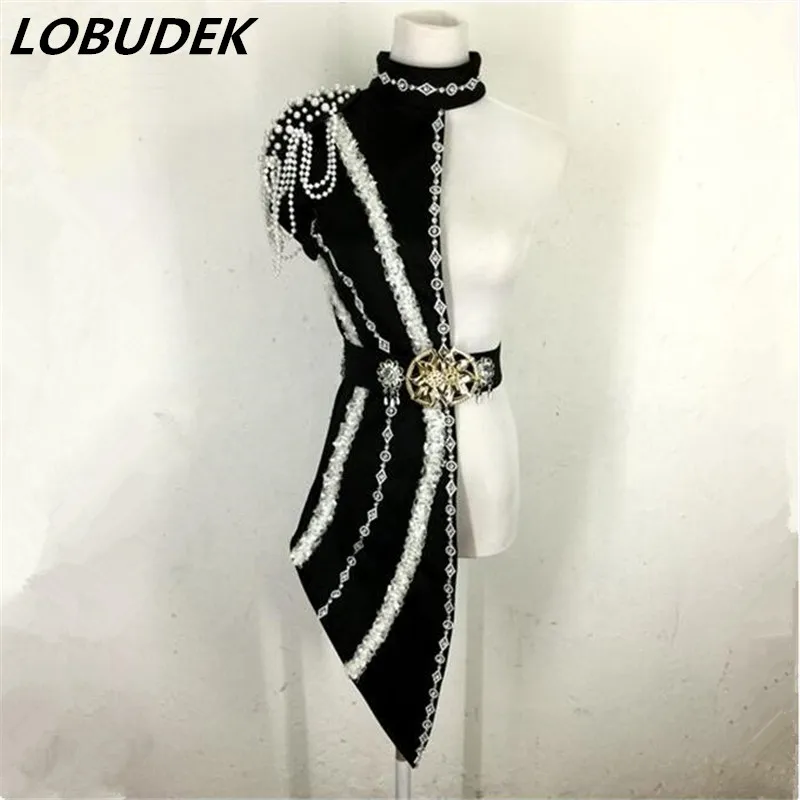 

Sexy Black Red Beading One-sided Blazers Dress Stage Wear Women Jazz Dance Team Costume Bar Singer Nightclub Performance Clothes