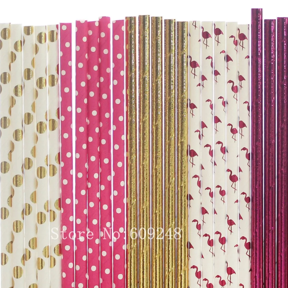 125 Pcs Party Paper Straws Mix,Plain Hot Pink Foil,Swiss Dot,Flamingo,Solid Gold Foil,Polka Dot,Gils First Birthday Wedding Bulk