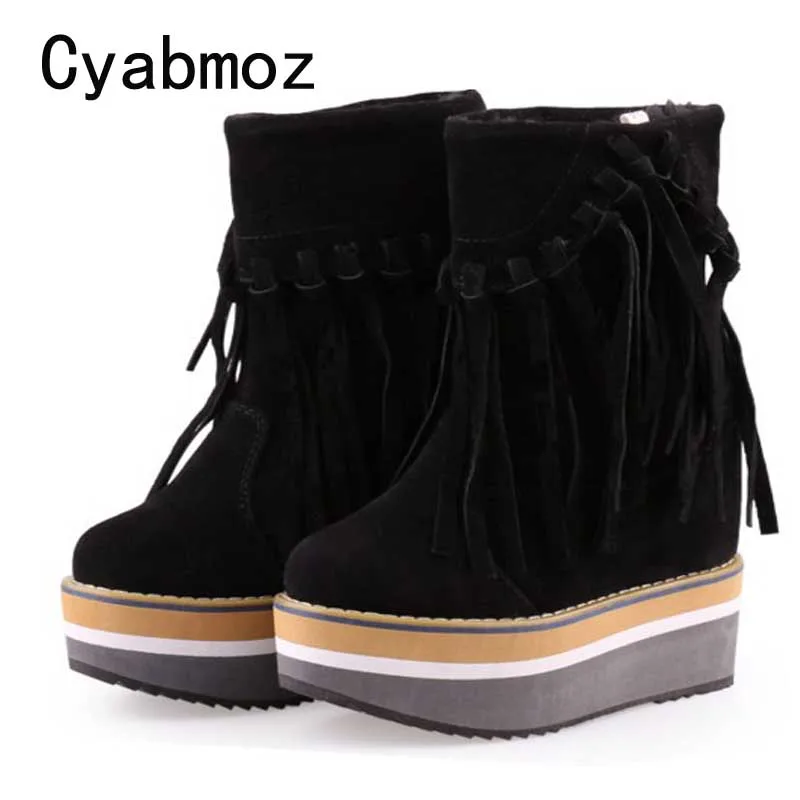 Women fringes platform Boots comfort ankle Boots woman shoes Winter plush warm Snow Boots height increasing 13cm elevator shoes