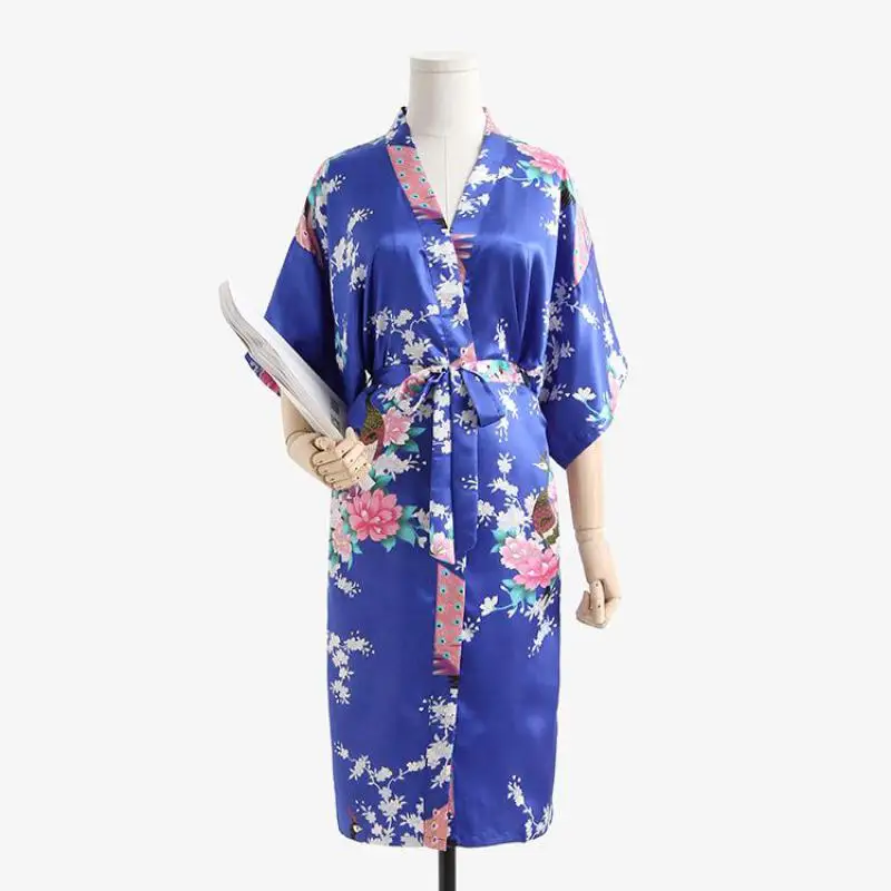Wholesale Flower&Peacock Kimono Bathrobe Women Satin Soft Sleepwear Sexy Mini Bride Bridesmaid Wedding Robe Dressing Party Gown