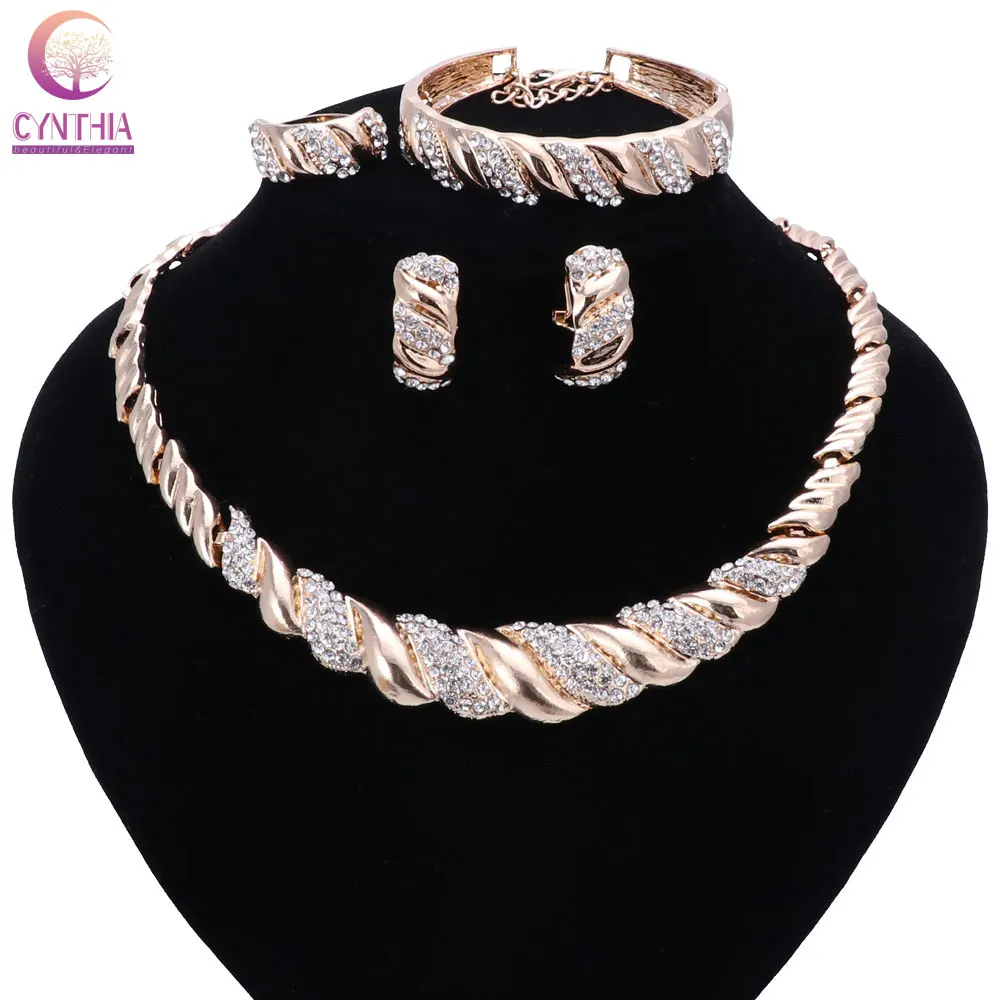 Fashion Women Dubai gold color Crystal Jewelry Sets Big Nigerian Wedding African Jewelry Sets African Beads Jewelry Sets