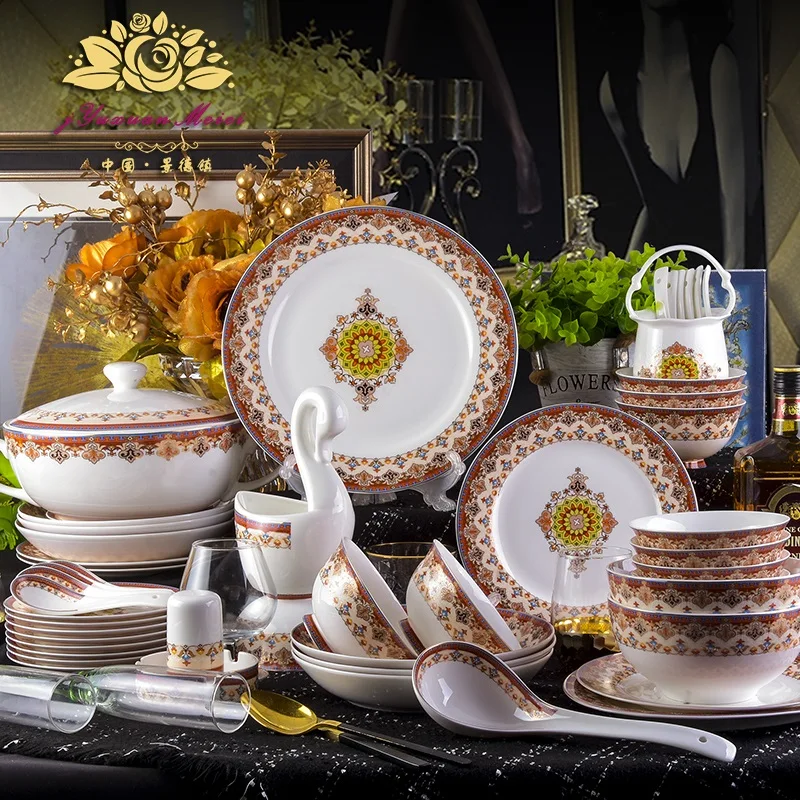 

Jingdezhen high grade ceramic dishes European style palace golden border tableware SET luxury bowl plate household bone china