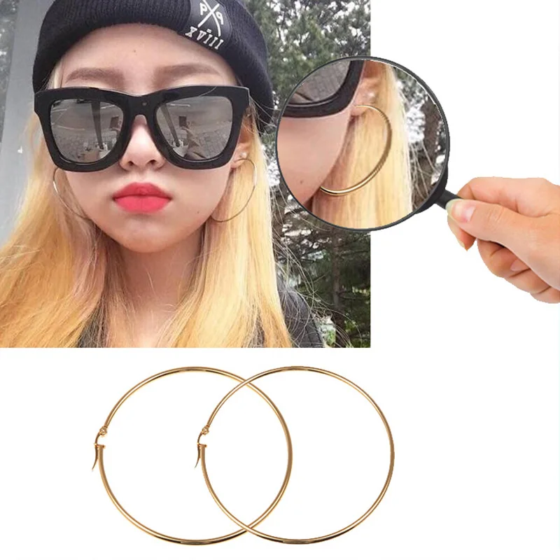 Dia 20/30/40/50/60/70mm Women Stainless Steel Earrings Large Big Circle Smooth Earrings Simple Exaggeration Wild Ear jewelry