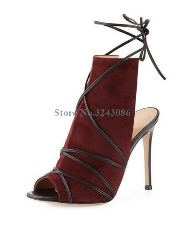 

Peep Toe Cross Tied Slingback Thin High Heel Sandals Brown Nubuck Ankle Strap Stiletto Heel Sandal Boots Gladiator