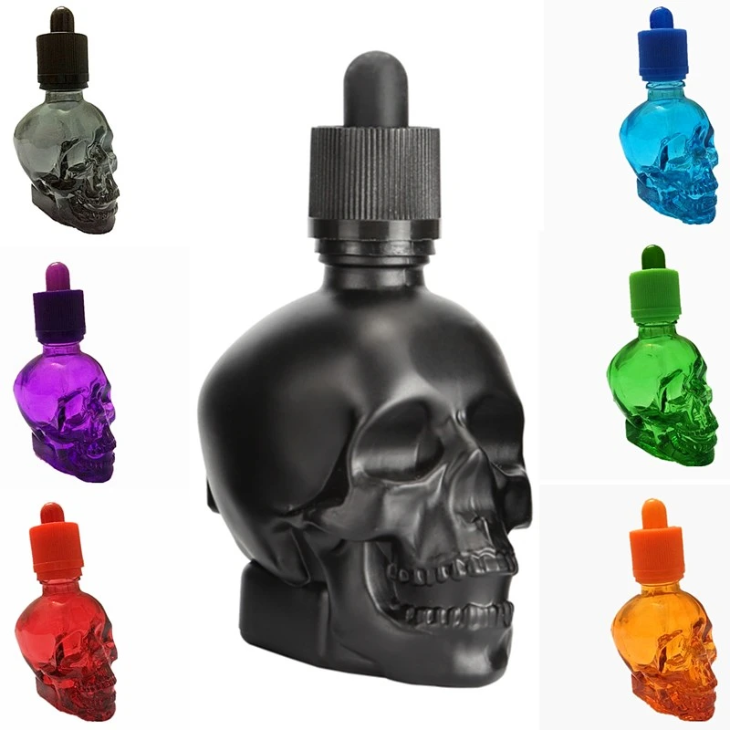 

12 Pieces 30ml Glass Spray Bitter Dropper Bottle E Liquid Frosted Black Skull Shape Glass Dropper Bottle With Child Proof