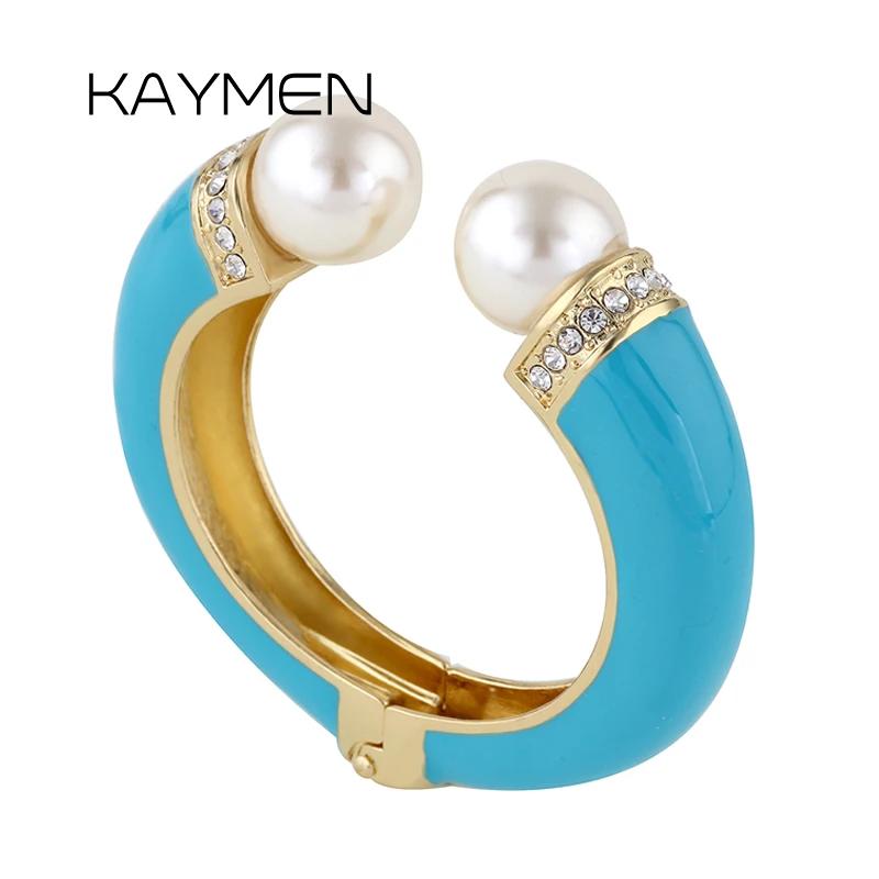 KAYMEN New Fashion Women 9 Colors Double Imitation Pearls and Rhinestones Enamels Bracelet Statement Bangle BR-03155 wholesale