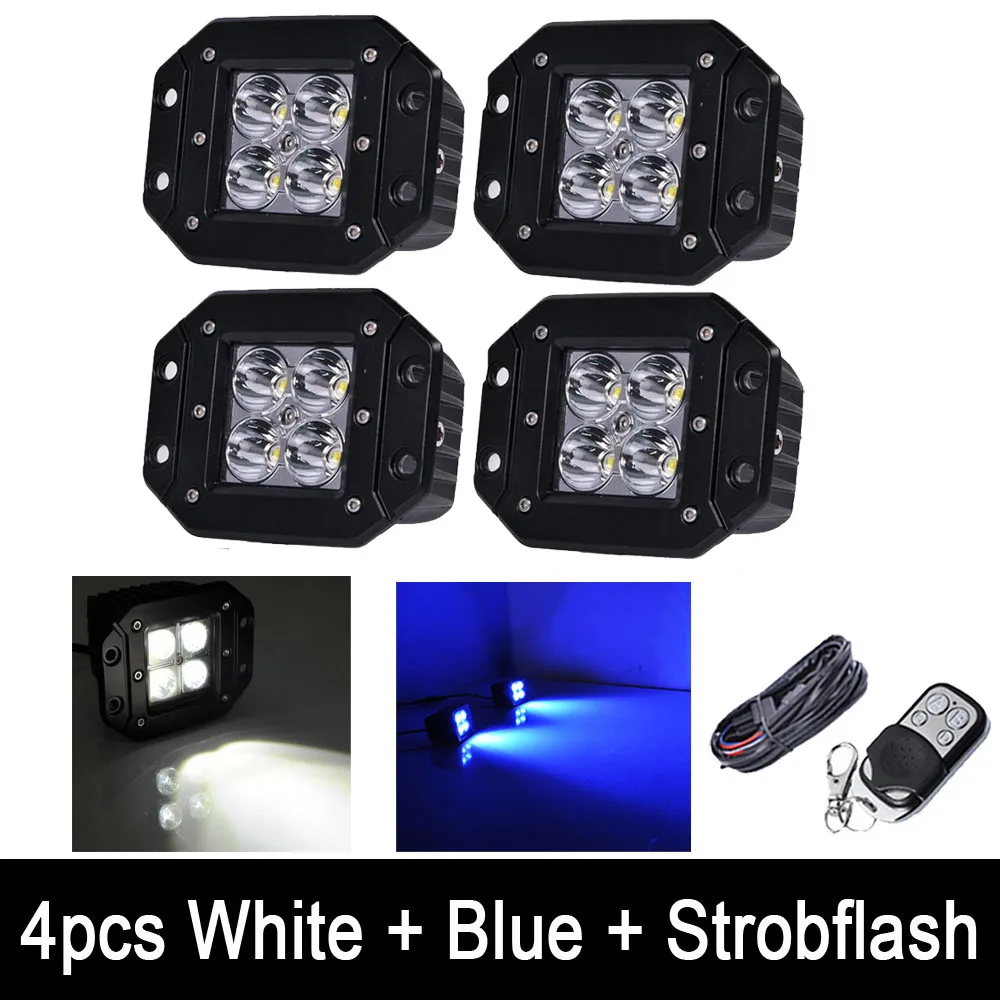 

4pcs 5" LED Work Light Bar Flush Mount Pods Offroad Spot Flood Fog Lamp White /Blue Color Strobeflash w/ Remote & Wiring kits