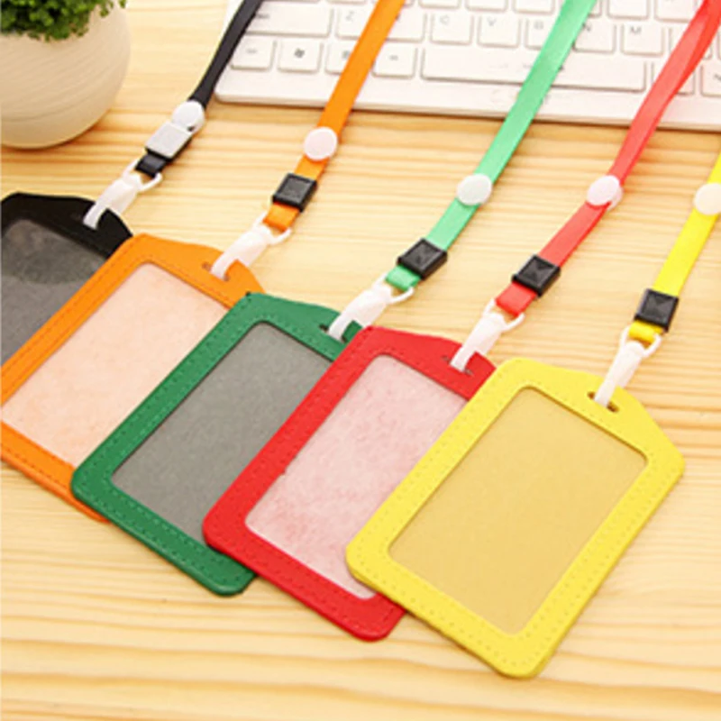 20 pcs ID Badge Holder PU ID Card Badge Bag Accessories Holder Card Bus Card Case Stationery School supplies With Lanyard