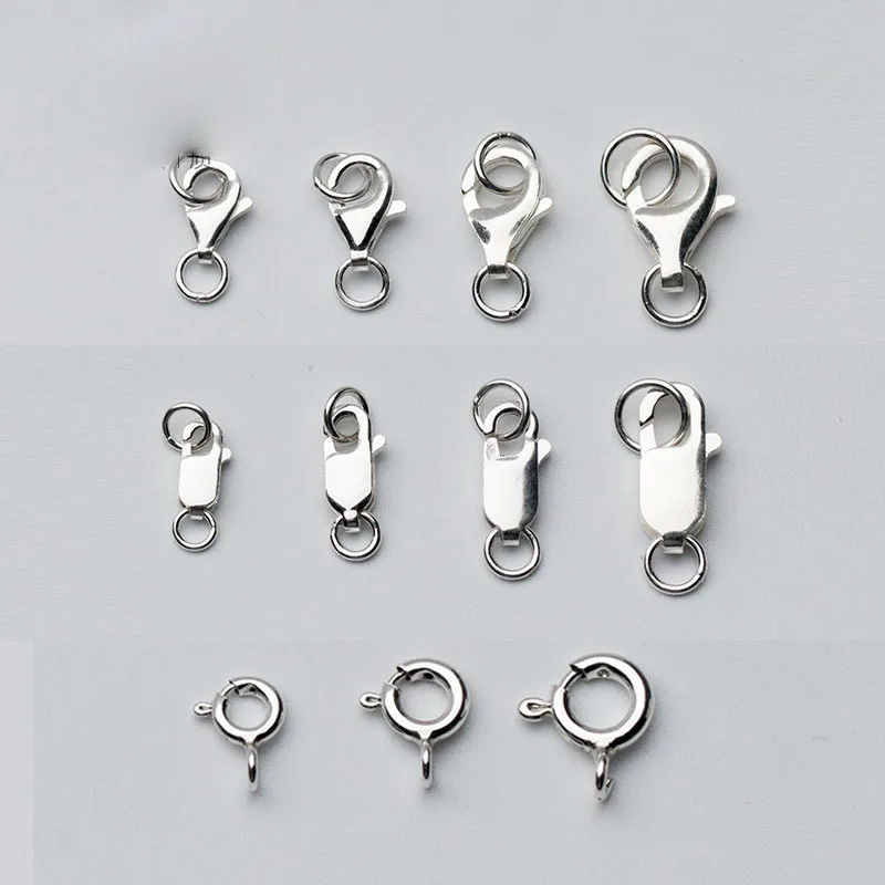 1pc 100% 925 Sterling Silver Lobster Clasp With Rings Multi Size Square/Round Spring Clasps Connector DIY Fine Jewelry Making