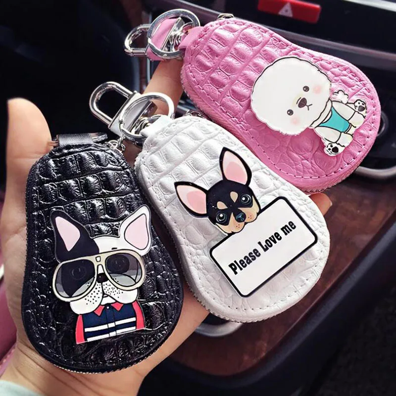 Keychain Cute Dogs Key Chain Poodle Bulldog Purse Charms Car Key Packet Leather Keychain Women Keychain Covers Zipper Key Bag