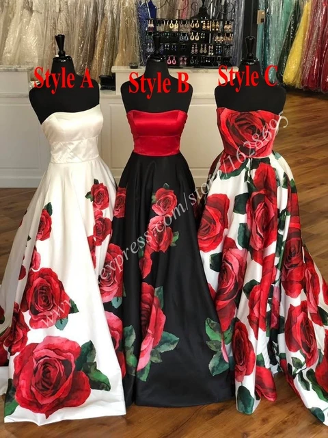 Print Floral Roses Prom Dresses 2k19 Black Red White Satin Long Vestidos De Festa Designer Lace Up Vestidos De Gala Strapless Prom Dresses AliExpress