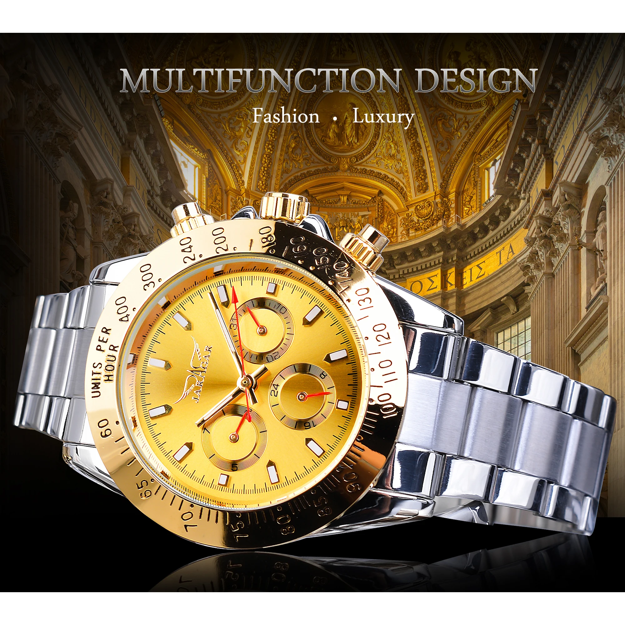 Jaragar Brand Luxury Men Watch Gold Big Dial Date Calendar Auto Mechanical Watches Stainless Steel Business Wristwatch Man Clock